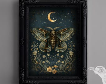 Celestial Moth Gothic Cottagecore Print - Vintage Botanical Wall Art, Dark Academia, Ethereal Butterfly Print, Digital Download, Printable