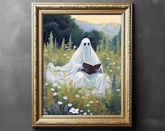 Leitura fantasma no campo de flores silvestres - arte caprichosa, impressão cottagecore, decoração gótica, botânica, pintura fantasma