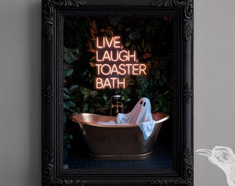 Baixe a impressão de fantasma de banho com torradeira - Decoração gótica para casa, letreiro gótico de neon, arte de parede com humor negro, pôster peculiar e incomum
