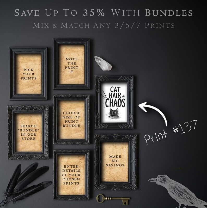 The image is a promotional advertisement for a store that sells framed prints. It features a collection of six framed prints, each with a different description, along with a key and a bird illustration. The text on the image highlights the store's offer of 35% savings on bundles of 3 to 7 prints, encouraging customers to mix and match any combination of prints.