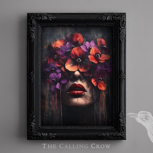 Gothic Floral Art Print, Dark Vintage Oil Painting Style, Surreal Eyeball Flower Print, Gothic Victorian Wall Decor - The Blooming Gaze