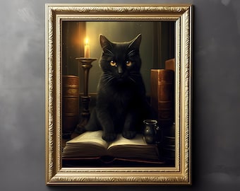 Black Cat Witch Print, Art Poster Print, Dark Academia, Gothic Victorian, Black Cat Art, Witchy Decor, Cat Print, Cat Lover Gift, Goth Gift