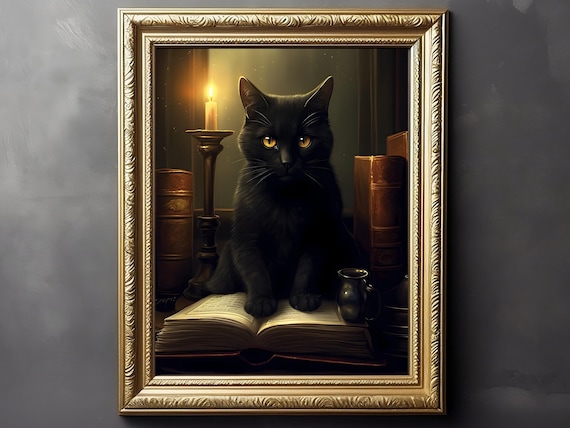 Black Cat Witch Print, Art Poster Print, Dark Academia, Gothic Victorian, Black Cat Art, Witchy Decor, Cat Print, Cat Lover Gift, Goth Gift