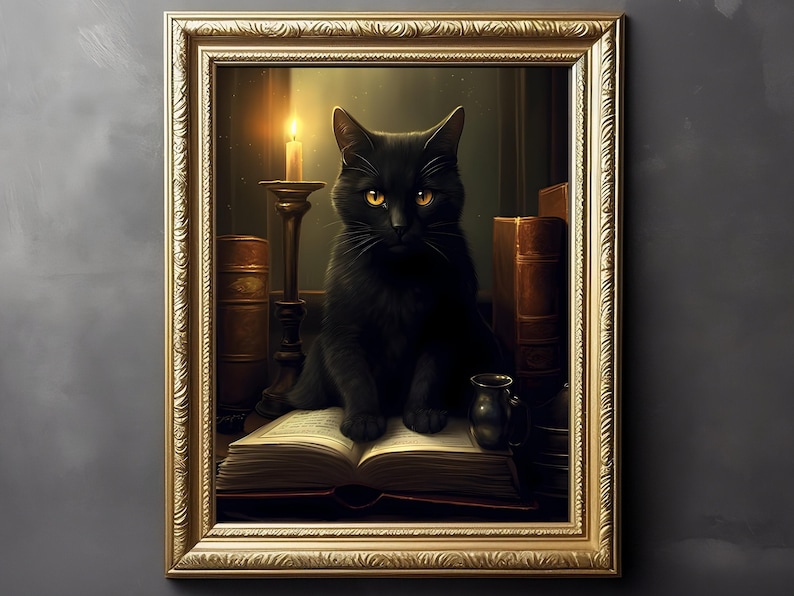 Impresión de bruja de gato negro, Impresión de póster de arte, Academia oscura, Victoriano gótico, Arte de gato negro, Decoración de bruja, Impresión de gato, Regalo de amante de gato, Regalo gótico imagen 1