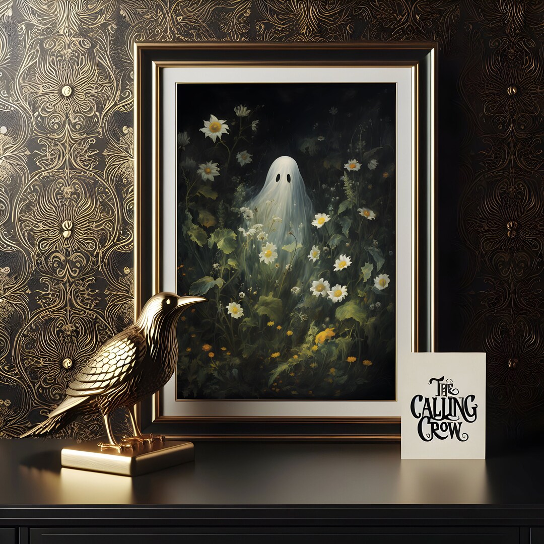 Cottagecore Ghost Flower Print - Spooky Ghost Standing in Wildlofwers ...