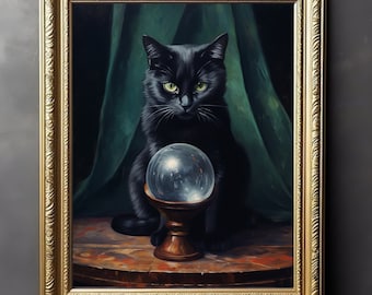 Black Cat Crystal Ball Print, Poster Print, Dark Academia, Gothic Victorian, Black Cat Art, Witchy Decor, Cat Print, Cat Lover Gift