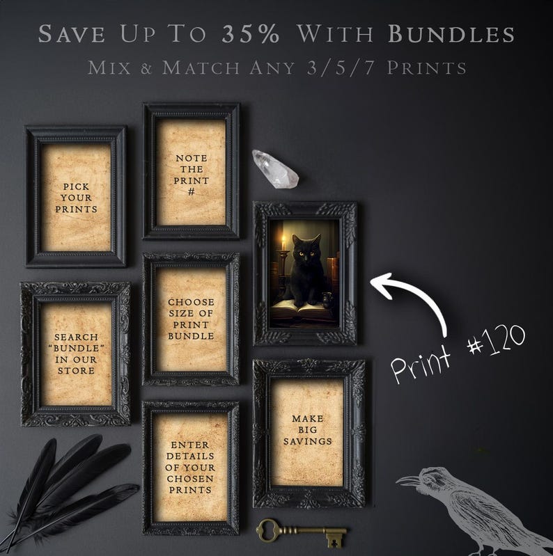 The image is a promotional advertisement for a store that sells framed prints and bundles. It features a variety of framed prints with different sizes and designs, along with a key and a bird illustration. The text on the image provides information about the store's offerings, including the ability to mix and match any 3/5/7 prints and the option to save up to 35% with bundles.