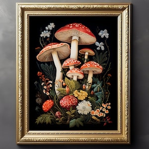 Impresión litográfica, arte de la pared de hongos botánicos, decoración gótica oscura, litografía, cartel de estilo Cottagecore