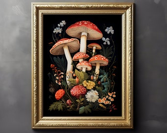 Lithographic Print, Botanical Mushroom Wall Art, Dark Gothic Decor, Lithography, Cottagecore Style Poster