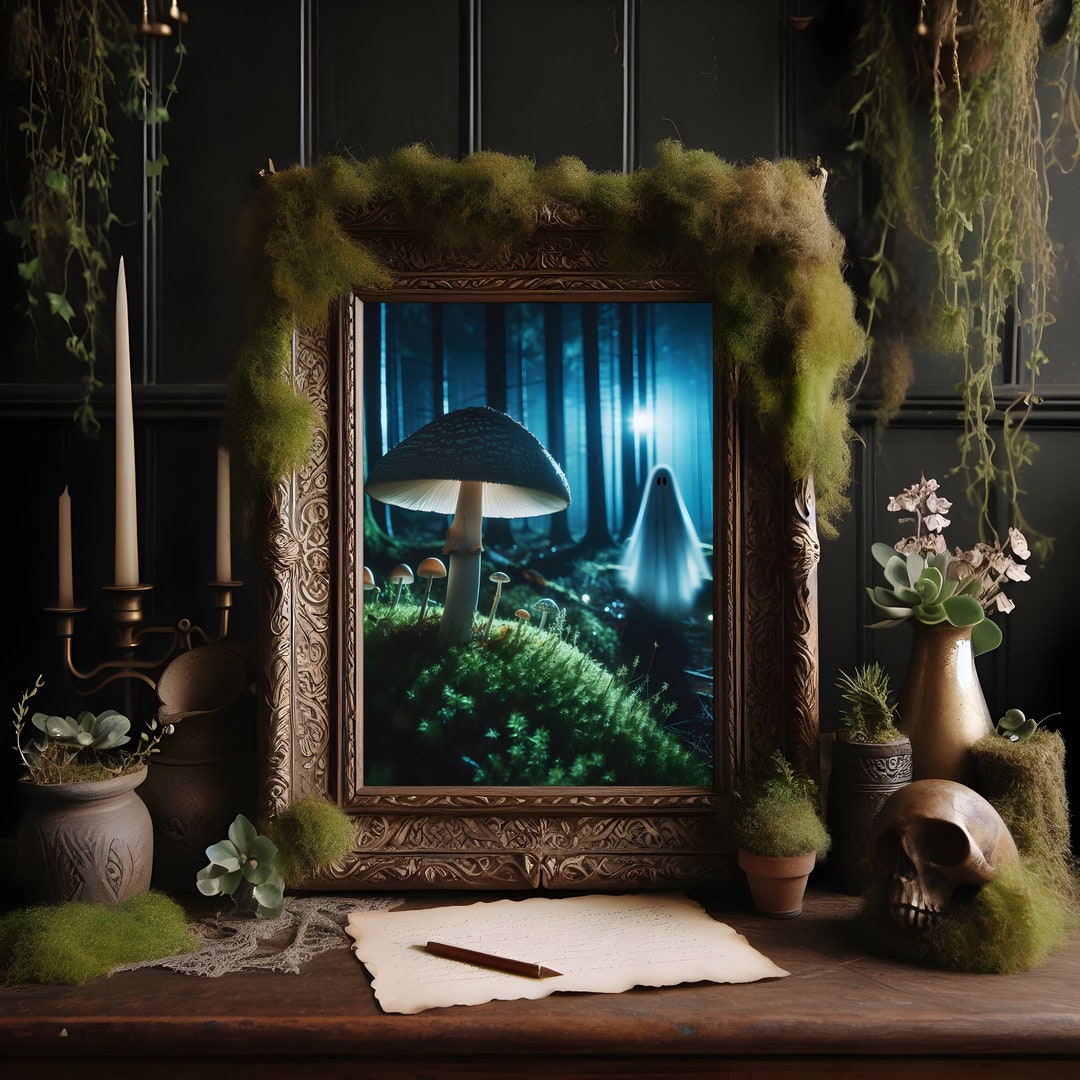 Mushroom & Ghost Print - Forest Cottagecore Art Poster, Goblincore ...