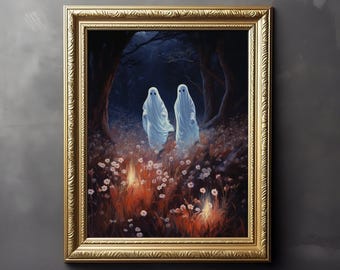 ロマンチックな月明かりの散歩をする幽霊カップル、コテージコアアート、野生の花、幽霊画、ゴシックギフト