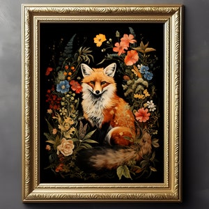 Impresión litográfica, arte botánico de la pared del zorro, decoración gótica oscura, litografía, cartel de estilo Cottagecore