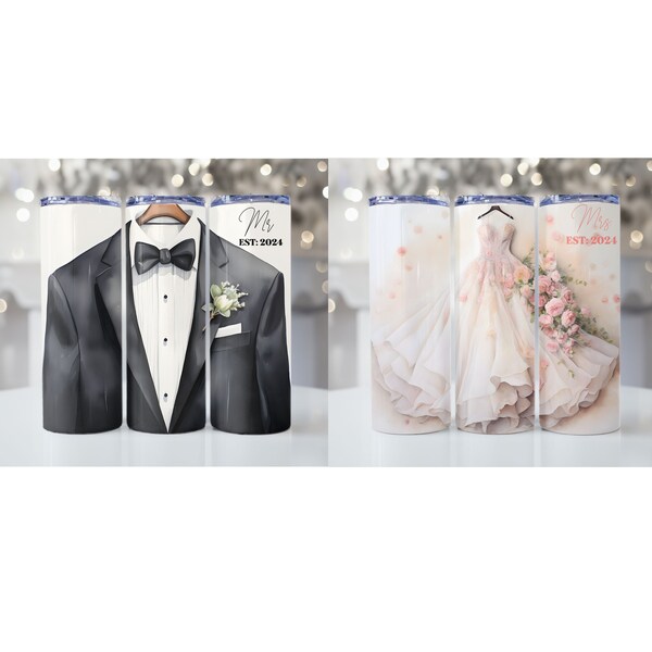 Mr and Mrs 20oz Skinny Tumbler Wrap, Wedding Bride and Groom Sublimation PNG Digital Download