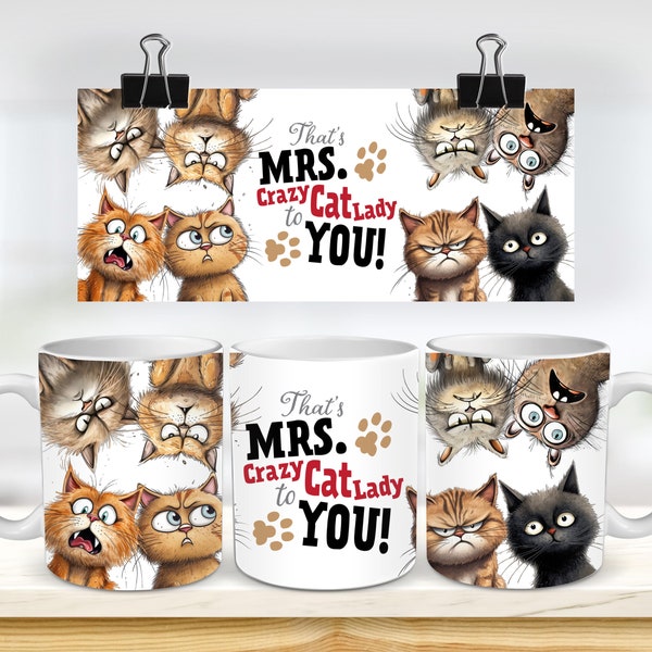 Mevrouw Cat Lady 15oz en 11oz mok wrap, grappige kat mok sublimatie ontwerp, PNG digitale download