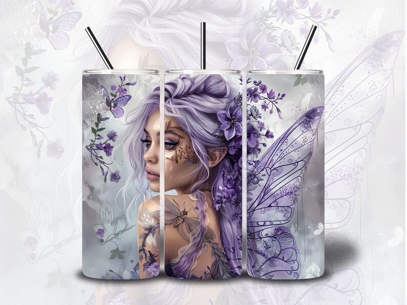 Fairy 20oz Skinny Tumbler Wrap, Goth Sublimation Design Template, PNG Digital Download image 1