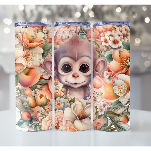 20oz Baby Monkey Tumbler Wrap, Animal Sublimation Designs, PNG Digital Download