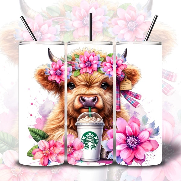 Baby Highland Cow Coffee 20oz Tumbler Wrap, Cow Sunflower Sublimation PNG Digital Download