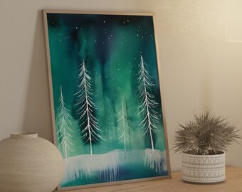 Pode incluir: Uma impressão de arte de parede retangular emoldurada apresentando uma pintura em aquarela de uma cena de floresta com pinheiros desenhados em linhas brancas sobre um fundo gradiente verde-azulado escuro, com pequenos pontos brancos.