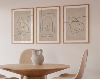 Set of 3 Beige Black Line Art Prints, Minimalist Abstract (Digital Download)