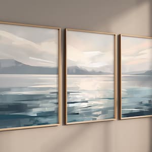 Abstract Calm Lake, Blue Wall Art, Set of 3, Minimalist Digital Download, Modern Brush Printable Artwork, Harmonic Composition