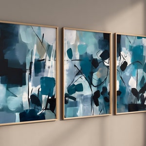 Set of 3 Blue Modern Abstract Wall Art, Printable Digital Home Decor, Curious Shapes