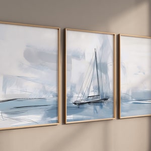 Blue Sailing Boat Sketch, Trio of Wall Art, Abstract Sea Artwork
