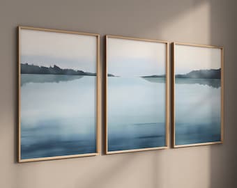 Peaceful blue lake digital print, serene water reflection wall art, home decor printable download