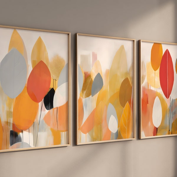 Arte de pared abstracto de otoño dorado, conjunto de 3 impresiones modernas, decoración vibrante del hogar digital