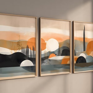 Minimalist Abstract Desert Scene, Set of 3 Printable Wall Art, Orange Tones, Digital Download Artwork.