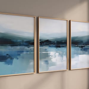 3er Set Abstrakte Blauer See Wandkunst, druckbare bläuliche Wohnkultur, entspannender digitaler Download, ruhige Wand