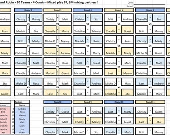 Pickleball - Round Robin Excel Sheet - 16 Players on 4 Courts - (10 ...