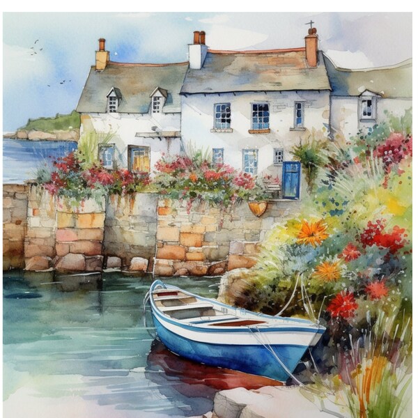 15 Idyllic Fishing Villages. Watercolor Designs. Quaint Picturesque Harbors. Fishing Boats Seaside Cottages. Digital Art. Clipart