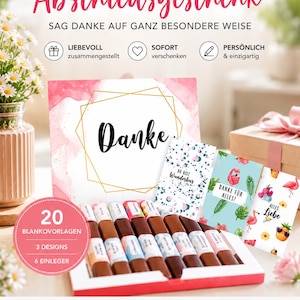 Op de afbeelding: Een cadeaupakket met de tekst "Danke" op de doos, met kaarten en chocoladerepen. De set bevat 20 blanco sjablonen, 3 ontwerpen en 6 inlegvellen. De verpakking is roze en wit, met extra tekst in het Duits.