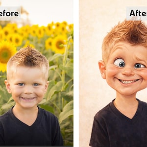 May include: The image shows a before-and-after comparison of a young boy. The "Before" image shows the boy smiling in a field of sunflowers. The "After" image is a cartoon caricature of the boy with an exaggerated smile and facial features. The boy is wearing a black V-neck shirt.