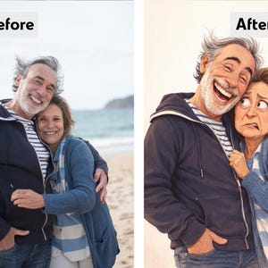 May include: A before-and-after image shows a couple on a beach, then a cartoon version of the couple. The man wears a navy blue hooded jacket and striped shirt. The woman wears a blue cardigan and striped scarf. The cartoon version shows exaggerated expressions.