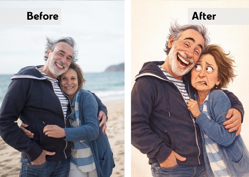 May include: A before-and-after image shows a couple on a beach, then a cartoon version of the couple. The man wears a navy blue hooded jacket and striped shirt. The woman wears a blue cardigan and striped scarf. The cartoon version shows exaggerated expressions.