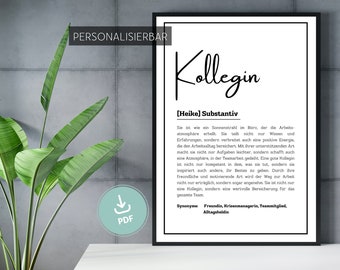 Kollegin Kollege  Definition | Personalisiertes Poster | Abschied | Geschenk| Danke | Wörterbuch | Bürogeschenk | Firma