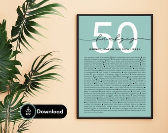 Personalized 50th Birthday Gift | 50 Reasons Why We Love You | Printable PDF | Poster | Download |