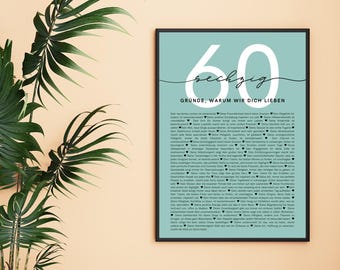 Personalisiertes Geschenk zum 60. Geburtstag | 60 | Gründe, warum wir dich lieben | PDF zum Ausdrucken | Poster | Download | Ausdruck