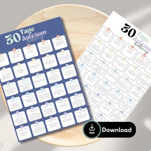 Pode incluir: Duas listas de verificação imprimíveis para um desafio de organização de 30 dias e 50 dias. As listas de verificação estão em um esquema de cores azul e branco com círculos de cor pastel ao redor dos números dos dias. O texto nas listas de verificação diz "30 Tage Aufräum Challenge" e "50 Tage Aufräum Challenge".