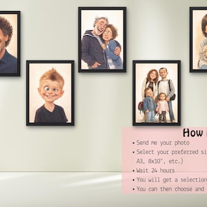 May include: Five framed cartoon portraits hang on a wall. The portraits depict people of different ages and genders, each with exaggerated features and expressions. The portraits are in black frames. A pink sticky note on the wall reads "How it works:" followed by instructions.