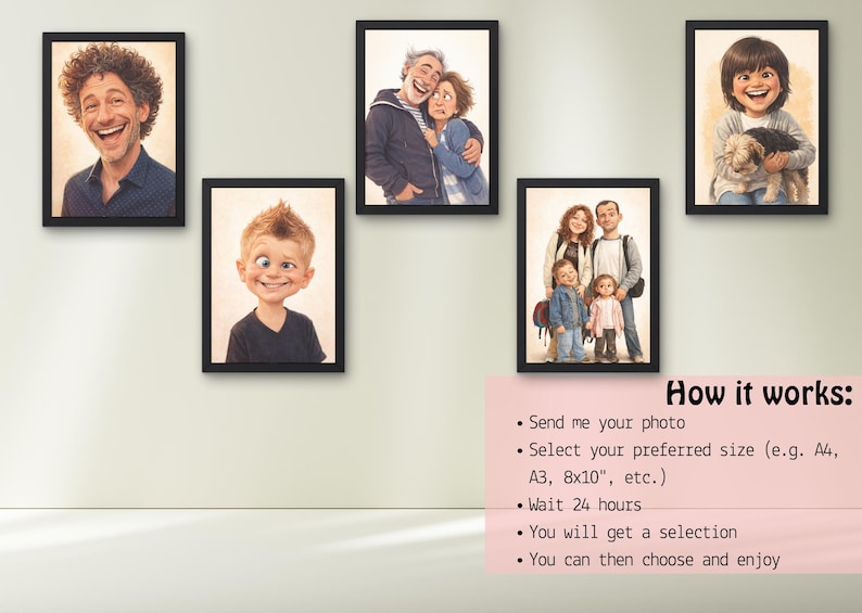 May include: Five framed cartoon portraits hang on a wall. The portraits depict people of different ages and genders, each with exaggerated features and expressions. The portraits are in black frames. A pink sticky note on the wall reads "How it works:" followed by instructions.