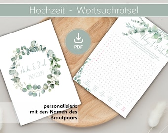 Crucigrama personalizado | Nombres de los novios | Boda | Juego de boda | Sopa de letras | PDF imprimible | Eucalipto