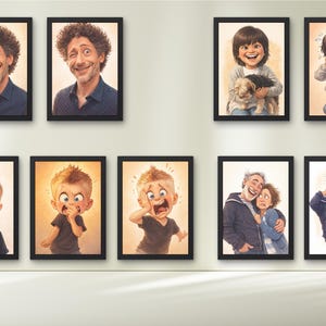 May include: A collection of framed art prints featuring cartoon illustrations of people expressing various emotions. The prints depict a man, a child, and an older couple, each in different states of joy, surprise, and distress. The frames are black.