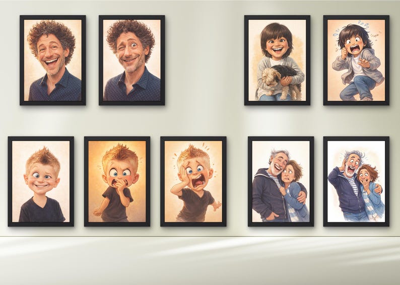 May include: A collection of framed art prints featuring cartoon illustrations of people expressing various emotions. The prints depict a man, a child, and an older couple, each in different states of joy, surprise, and distress. The frames are black.