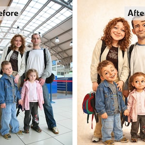 May include: A family portrait, digitally enhanced, showing a mother, father, and two children. The children wear denim jackets and the girl wears a pink jacket. The background is a light beige color.