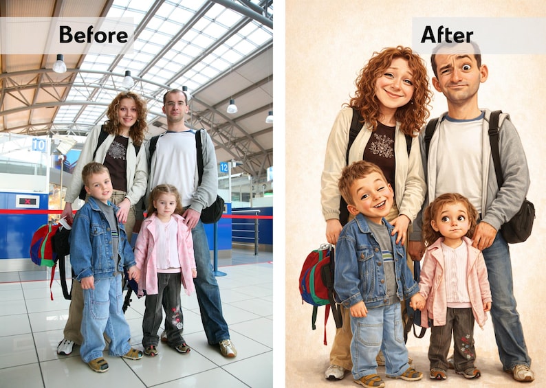 May include: A family portrait, digitally enhanced, showing a mother, father, and two children. The children wear denim jackets and the girl wears a pink jacket. The background is a light beige color.
