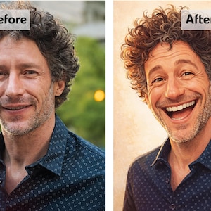 May include: A split image shows a man before and after a digital portrait. The "Before" image shows a man with curly gray hair and a blue patterned shirt. The "After" image is a vibrant, cartoon-like portrait of the same man smiling.