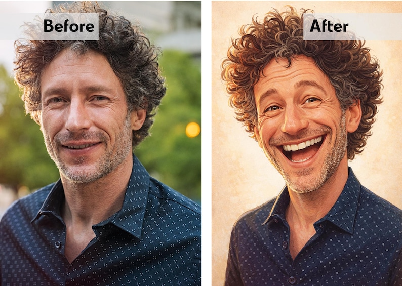 May include: A split image shows a man before and after a digital portrait. The "Before" image shows a man with curly gray hair and a blue patterned shirt. The "After" image is a vibrant, cartoon-like portrait of the same man smiling.