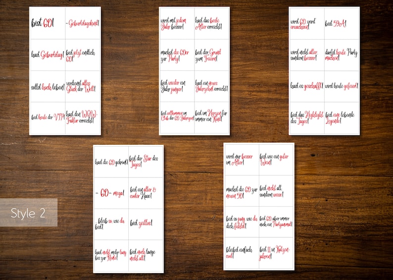 May include: A set of 18 printable cards with black text and red accents. The cards feature various phrases related to celebrating a 60th birthday. The cards are designed to be printed and cut out for use as party decorations or favors.